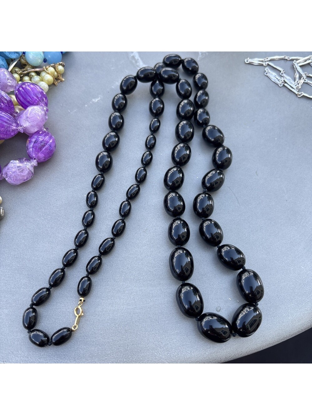 Vintage Trifari Signed Black Knotted Oval Beads Lucite Plastic Necklace 37'' L